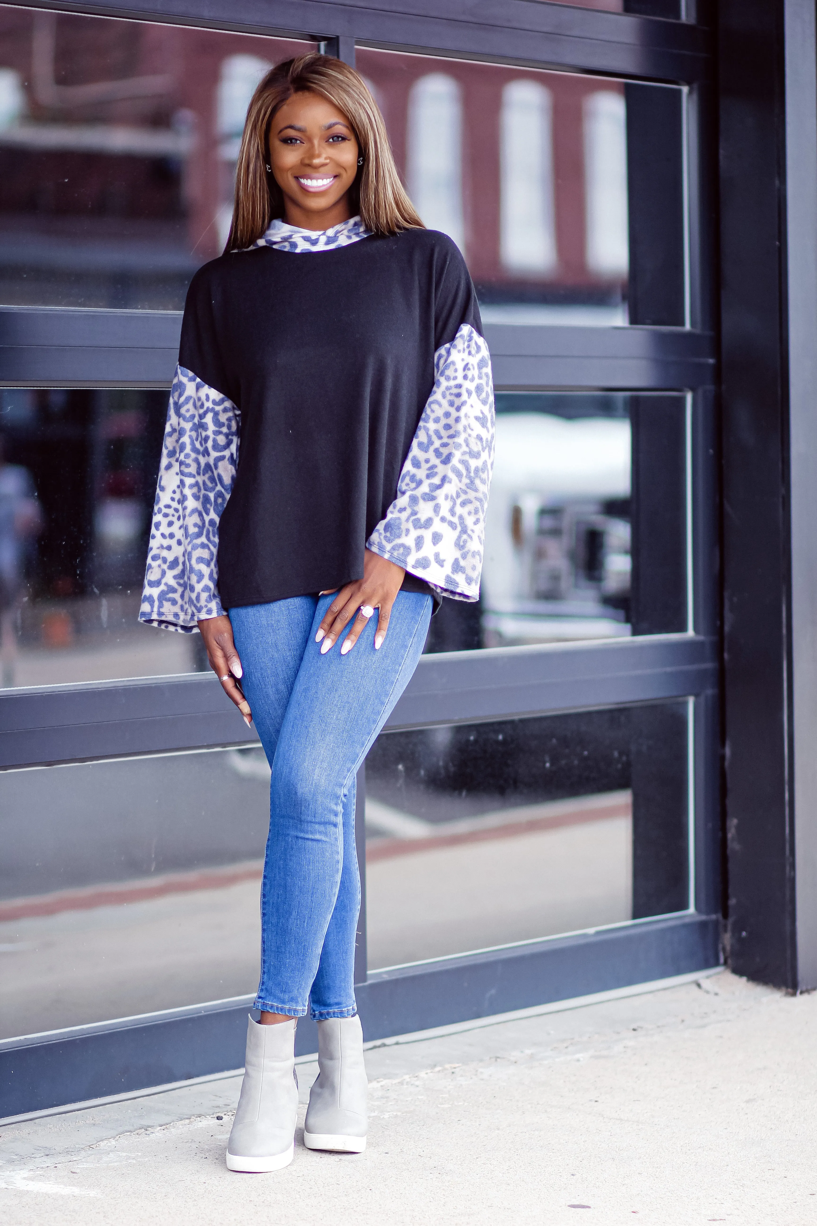 Black & Leopard Brushed Hacci Knit Hoodie