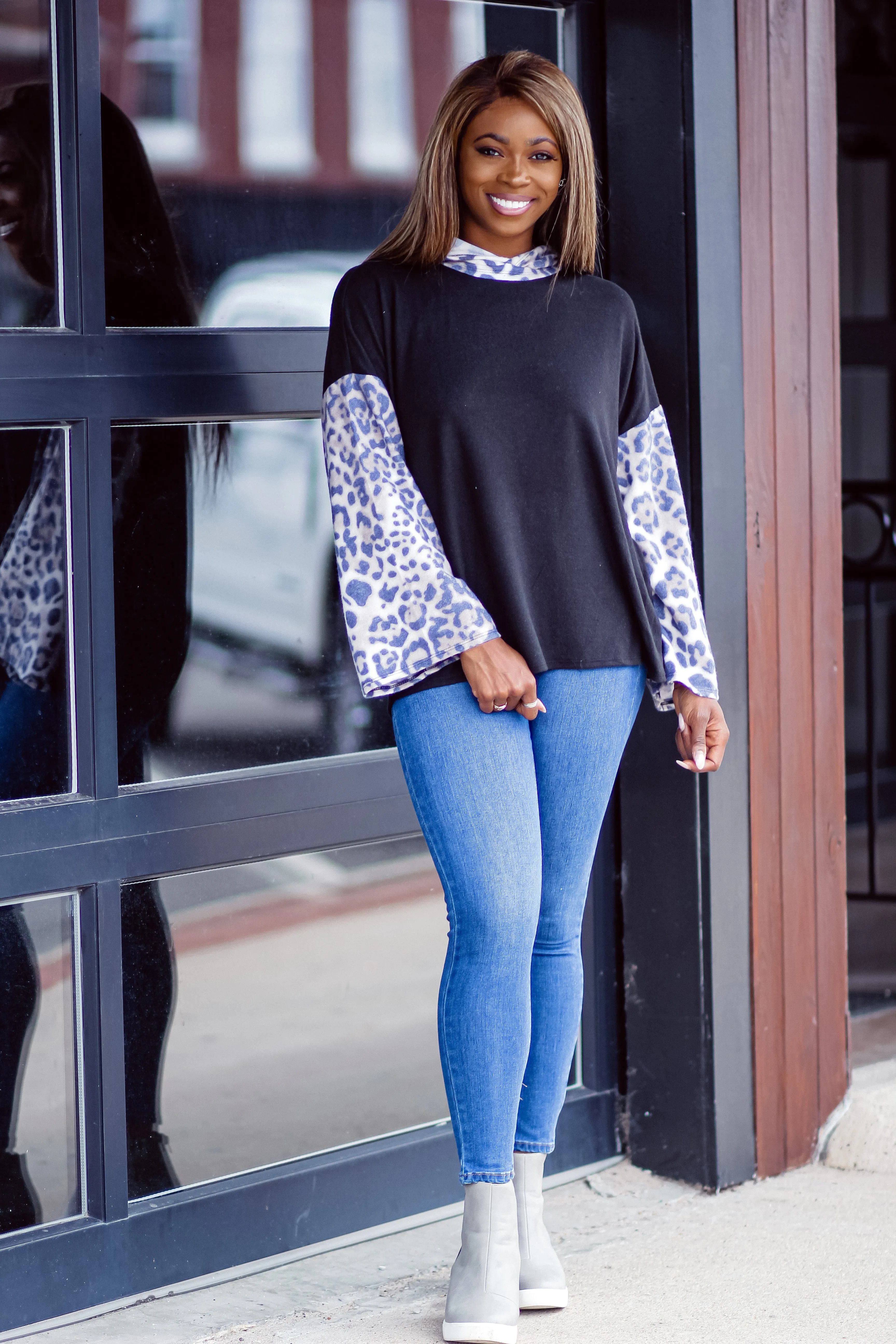 Black & Leopard Brushed Hacci Knit Hoodie