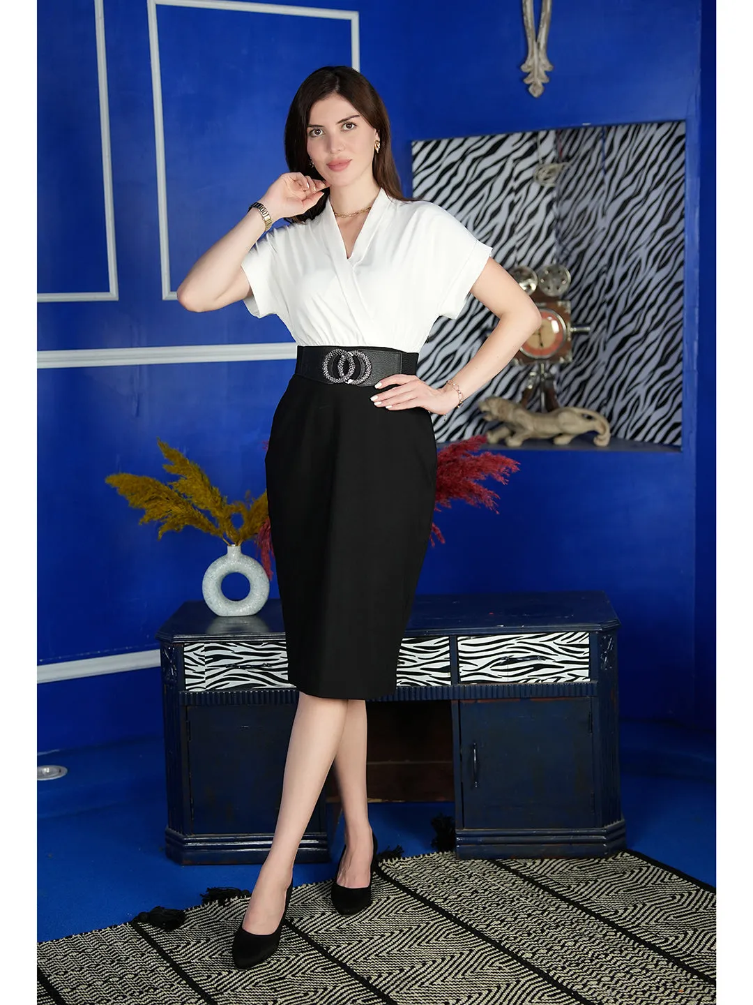 Black Spandex Sparkling Color Block Blouson Dress With Belt