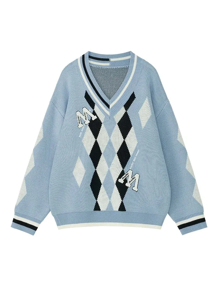 Blue Knit Loose Over Argyle College
