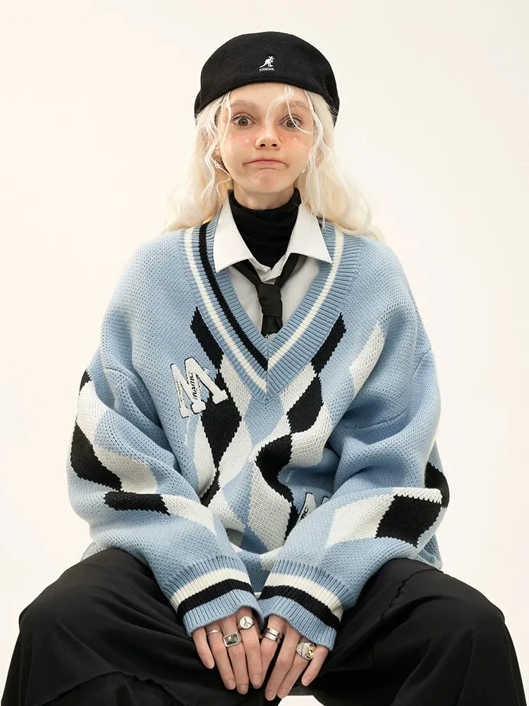 Blue Knit Loose Over Argyle College