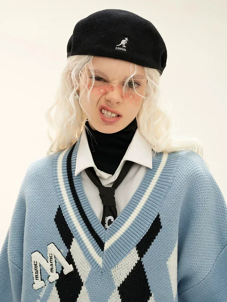 Blue Knit Loose Over Argyle College