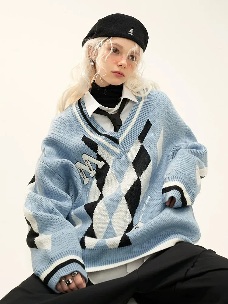 Blue Knit Loose Over Argyle College