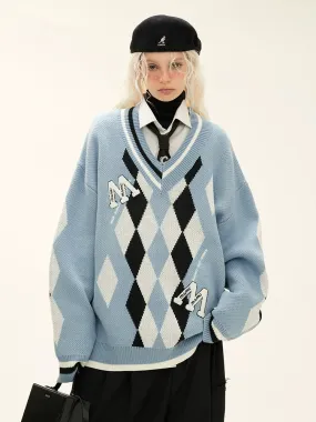 Blue Knit Loose Over Argyle College