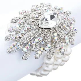 Bridal Wedding Jewelry Stylish Crystal Pearl Strands Stretch Bracelet Silver