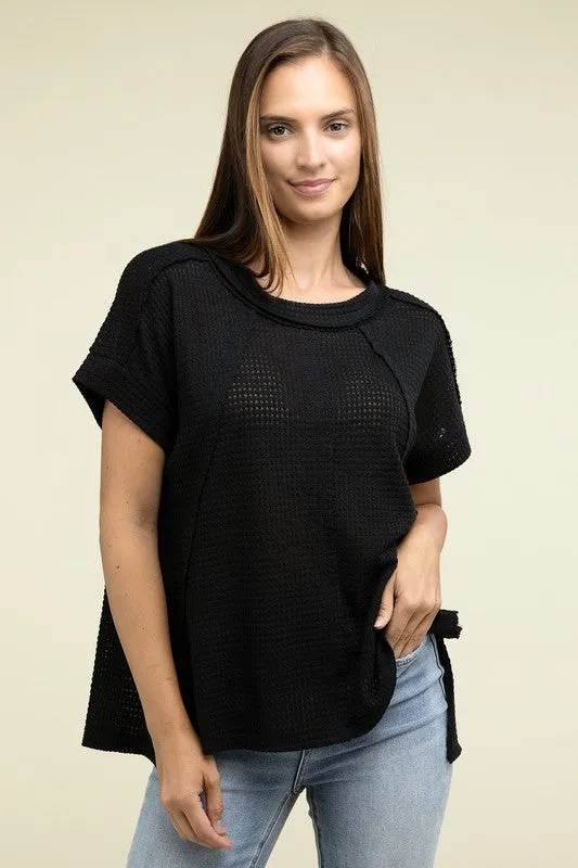 Brushed Waffle Exposed-Seam Short Sleeve Top