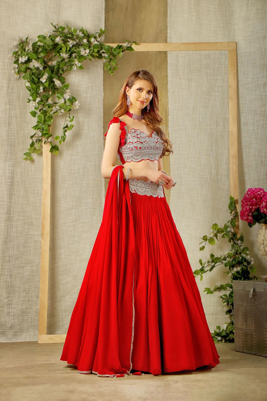 Elegant Red embroidered top and skirt