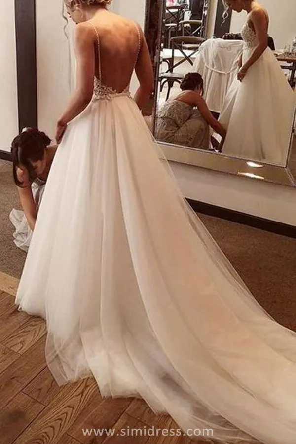 Fairy Ivory Boho Backless Tulle A Line V Neck Spaghetti Straps Wedding Dresses, SW318