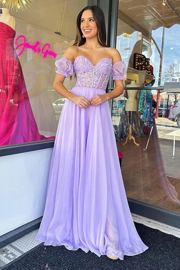 Lilac Chiffon A-line Strapless Floor Length Prom Dresses, Evening Dresses, SP945