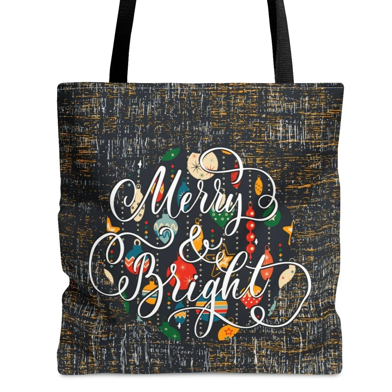 Merry and Bright on Black Large Tote Bag: Festive Holiday Carryall