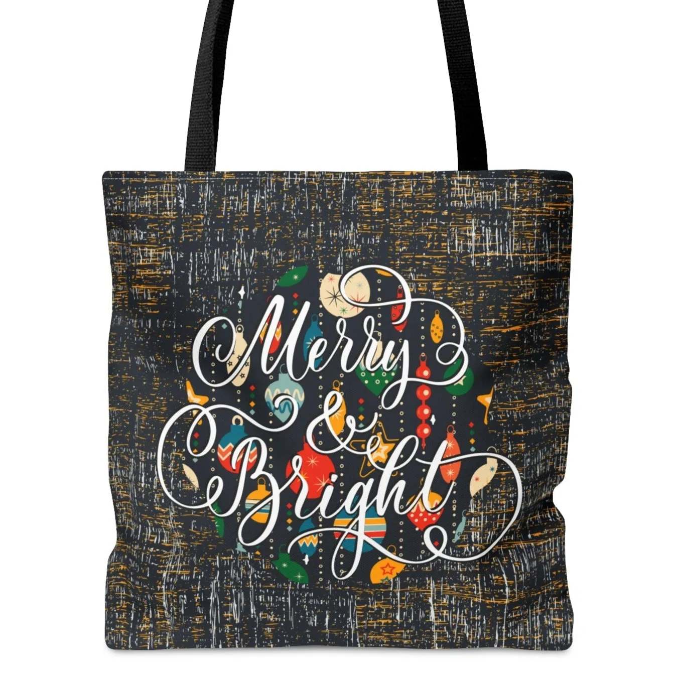 Merry and Bright on Black Large Tote Bag: Festive Holiday Carryall