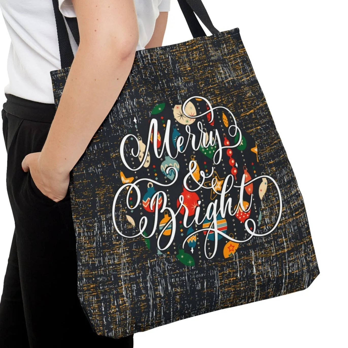 Merry and Bright on Black Large Tote Bag: Festive Holiday Carryall
