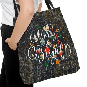 Merry and Bright on Black Large Tote Bag: Festive Holiday Carryall