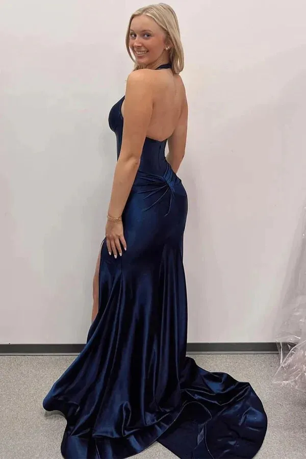 Navy Blue Satin Mermaid Halter Long Prom Dresses With Slit, Party Dress, SLP015