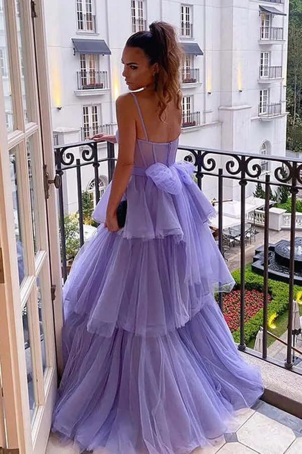 Purple Tulle A-line Spaghetti Straps Prom Dresses, Long Formal Dresses, SP799