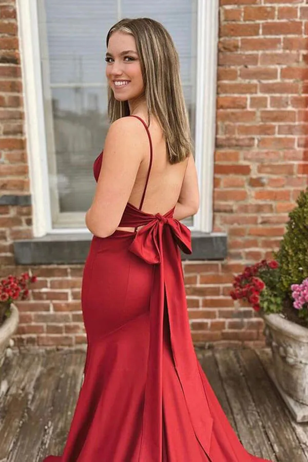 Red Satin Mermaid V-neck Long Prom Dresses with Bow, Evening Gown, SP758