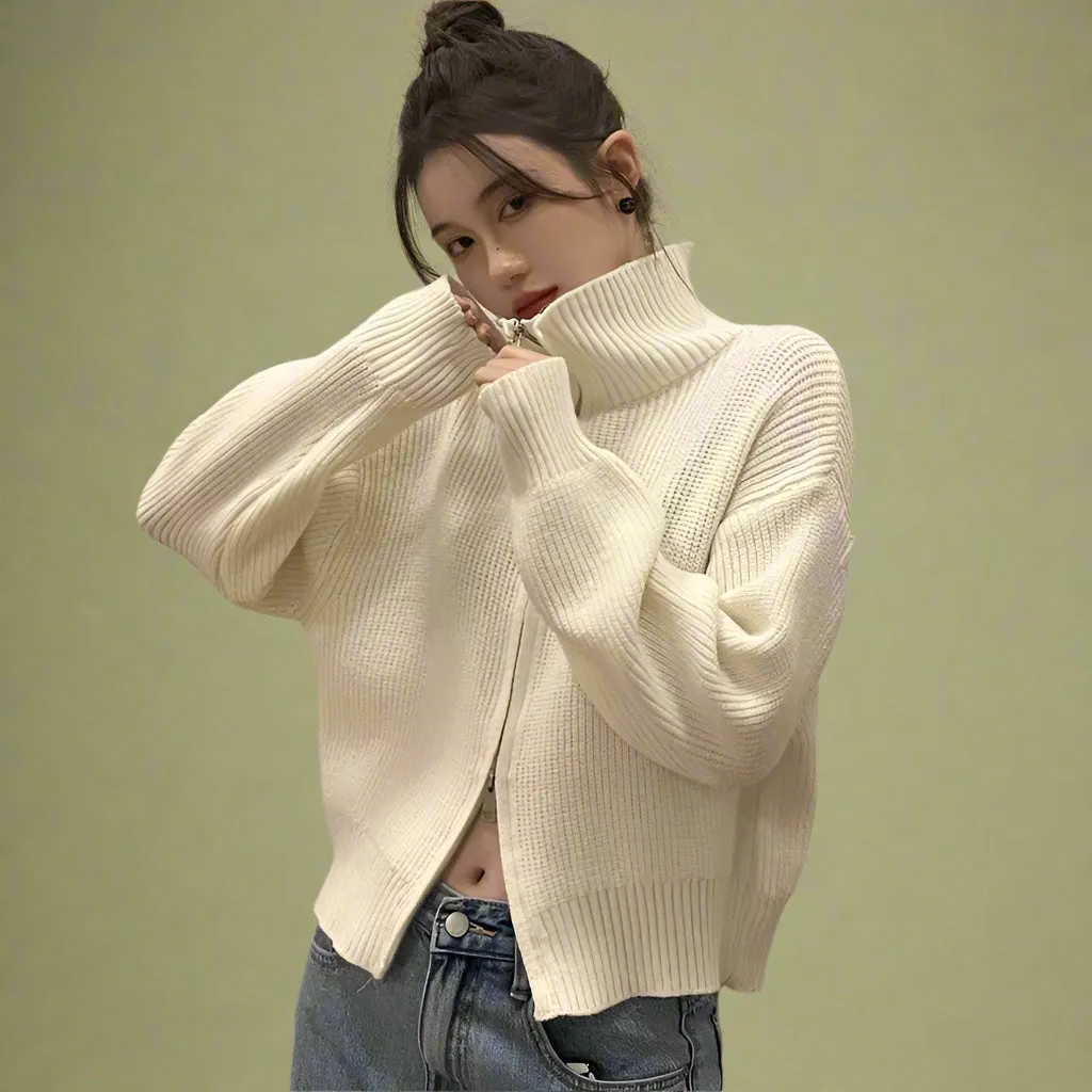 Retro Cozy Zip-Up Knit Sweater