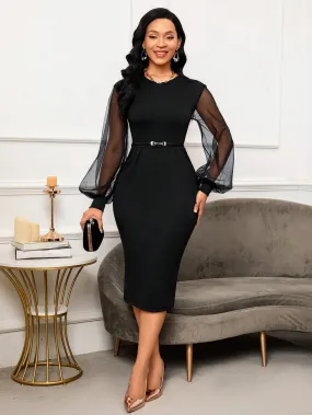SHEIN Lady Office Dress Elegant Contrast Mesh Lantern Sleeve Split Back Bodycon Dress Without Belt