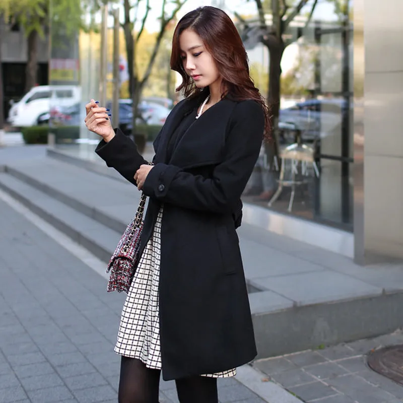 Slim Bowknot Sash Worsted Trench Coat