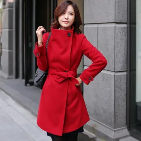 Slim Bowknot Sash Worsted Trench Coat