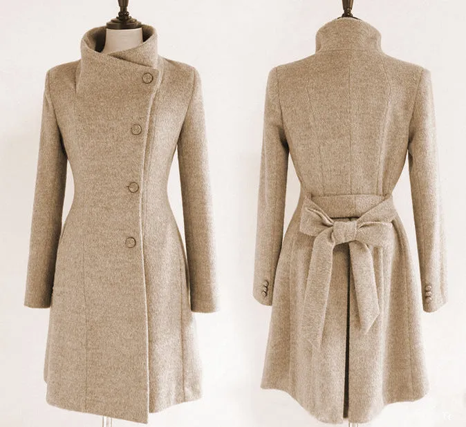 Slim Bowknot Sash Worsted Trench Coat