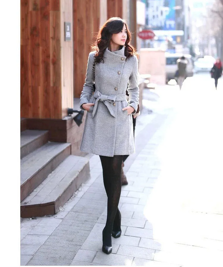 Slim Bowknot Sash Worsted Trench Coat