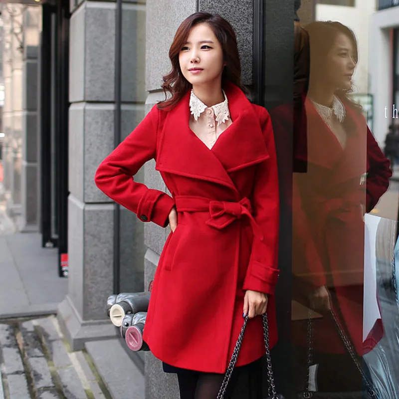 Slim Bowknot Sash Worsted Trench Coat