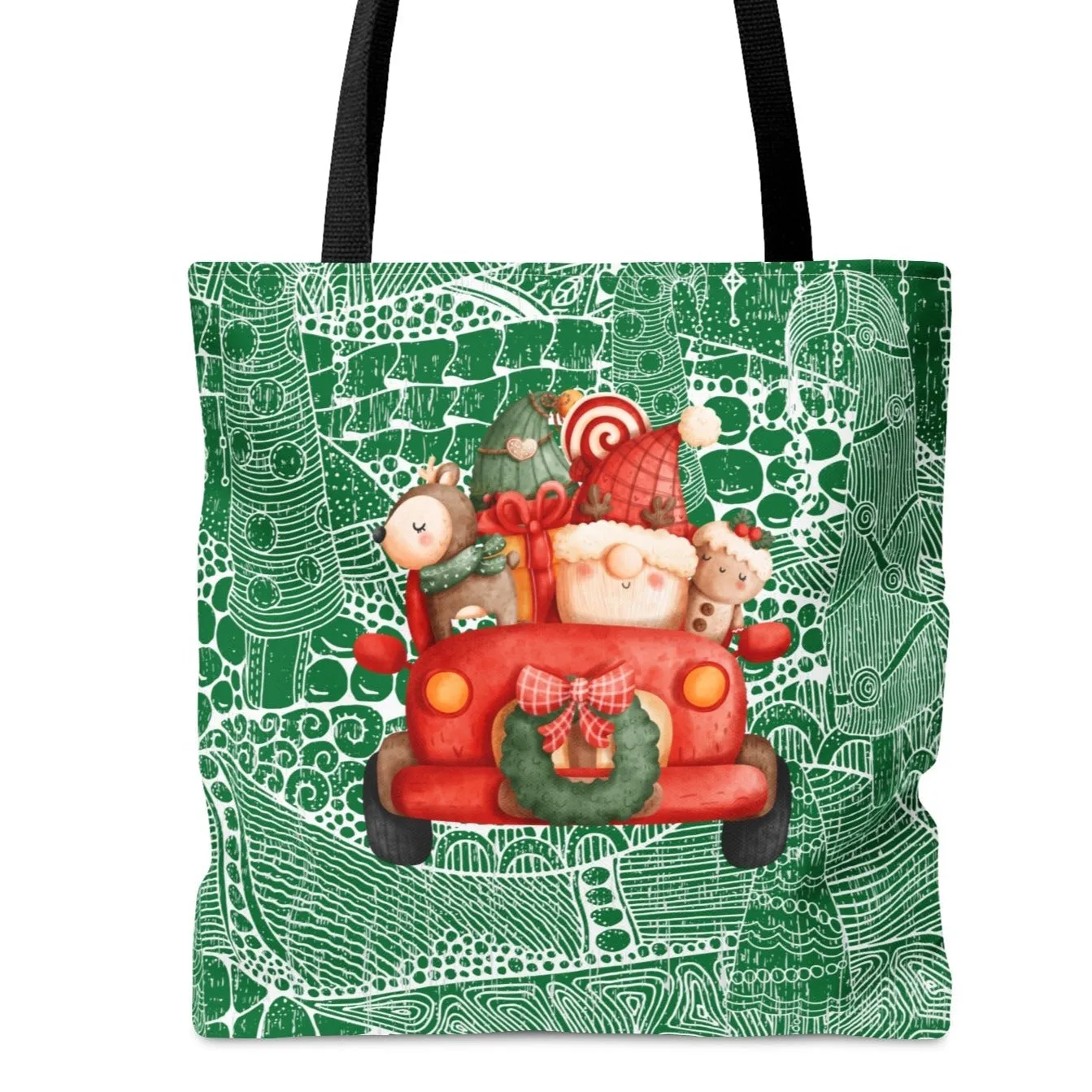 Whimsical Gnome Driving Truck Large Tote Bag: Festive Green Patterned Design