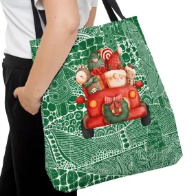 Whimsical Gnome Driving Truck Large Tote Bag: Festive Green Patterned Design