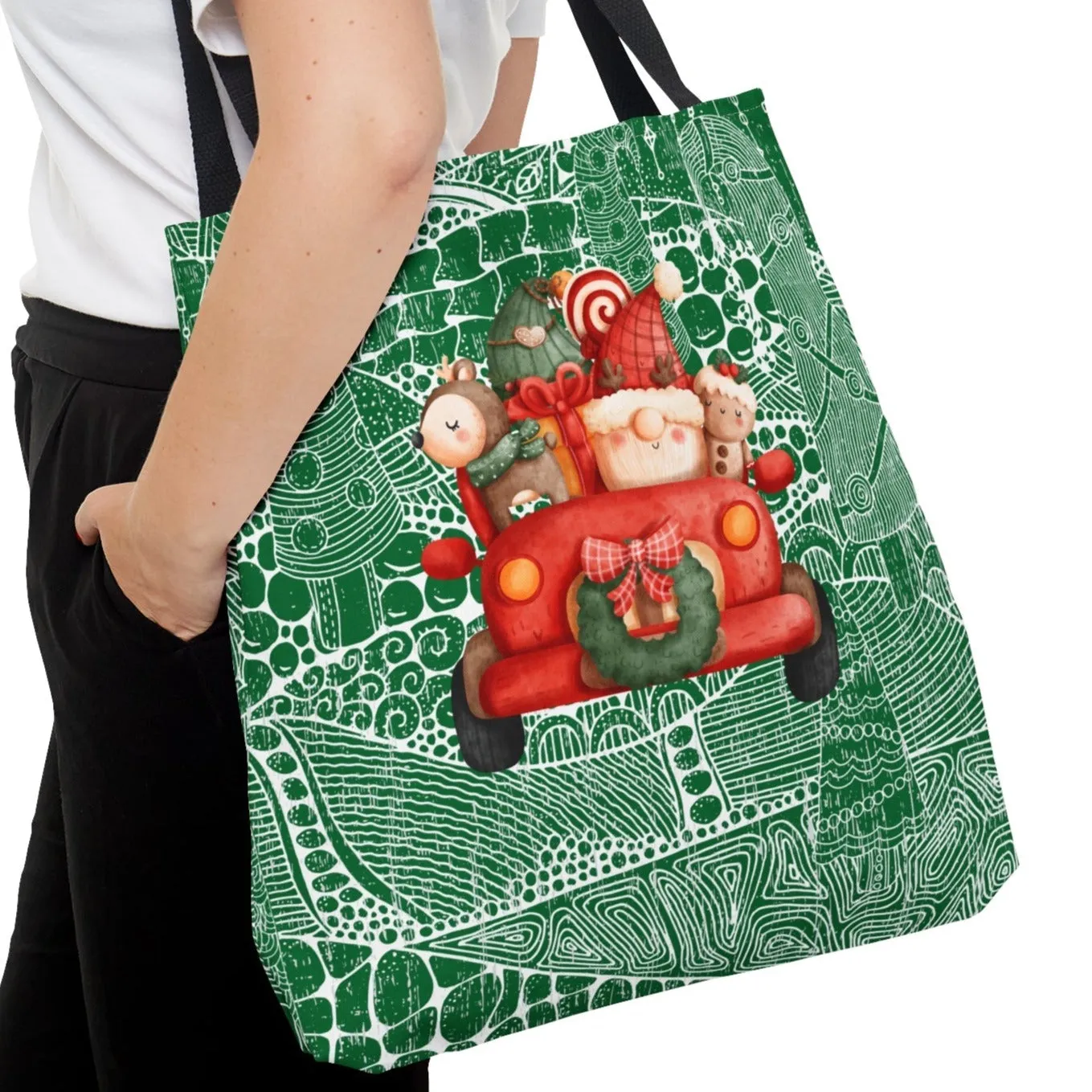 Whimsical Gnome Driving Truck Large Tote Bag: Festive Green Patterned Design