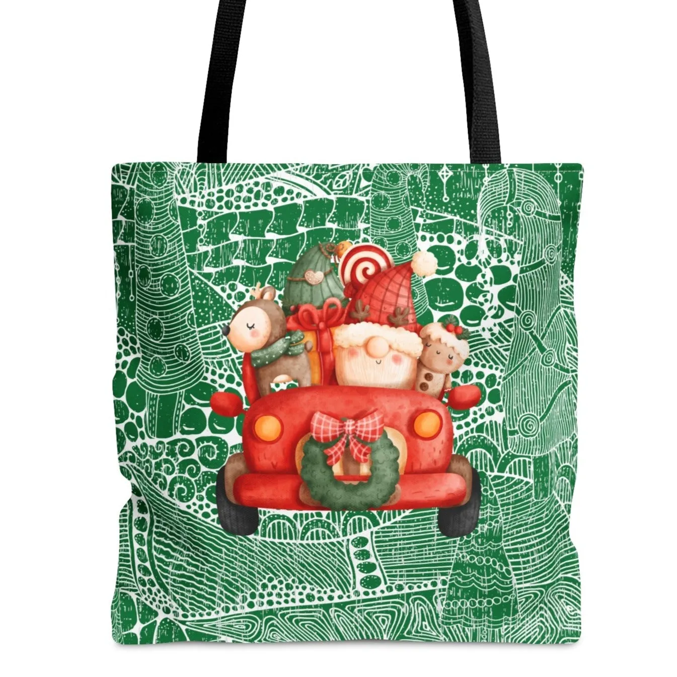 Whimsical Gnome Driving Truck Large Tote Bag: Festive Green Patterned Design